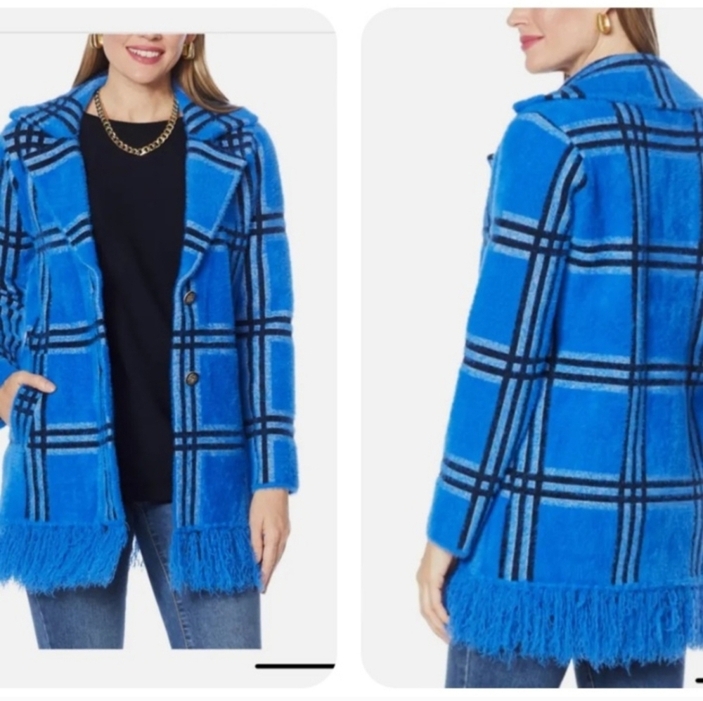 NVLT Knit Coatigan COAT JACKET Fringe Ocean blue plaid New Size Large